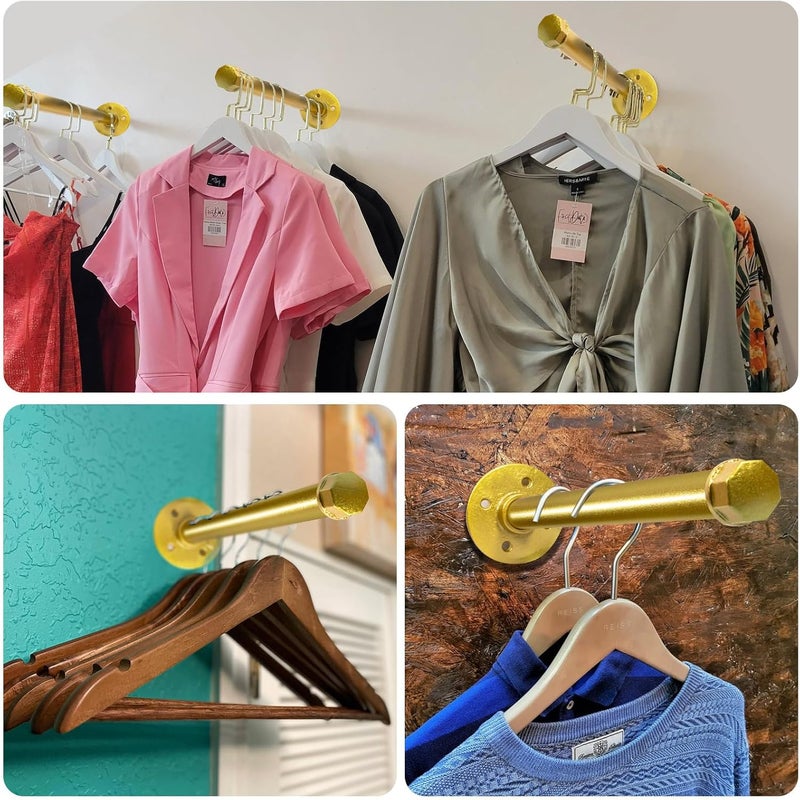 Pintuson 6 Pcs Industrial Pipe Clothes Bar 12 Inch - Wall Mount Clothing Rack - Face Out Closet Rods for Hanging Clothes Commercial Retail Boutique Laundry Shirt Display - Golden - Image 5